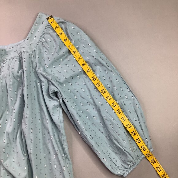 Womens Light Blue 3/4 Puff Sleeve Top Square Neck Silver Embroidery Pattern Lg - Picture 4 of 7